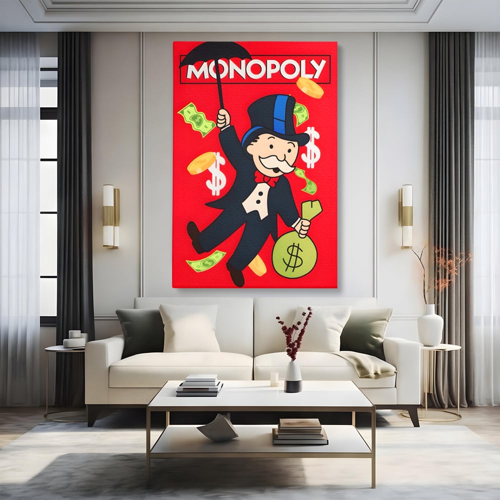 Tablou canvas cu tablou canvas cu domnul monopoly pe fond rosu, fara rama, pe sasiu de lemn, pe perete intr-un living